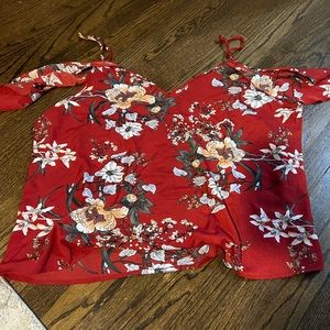 Red floral flutter sleeve with open shoulder